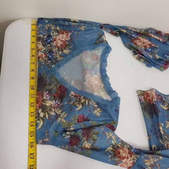 SHEIN Womens Fairy Festival Floral Mesh Bell Sleeve Top Size M Blue Romantic - Picture 9 of 12